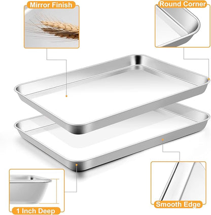 TeamFar Baking Pan with Rack Set (2 Pans + 2 Racks), Stainless Steel Cookies Sheet Baking Tray Pan with Grid Cooling Rack for Toaster Oven, Healthy & Heavy-Duty, Dishwasher Safe, 12.5 x 9.5 x 1 Inch