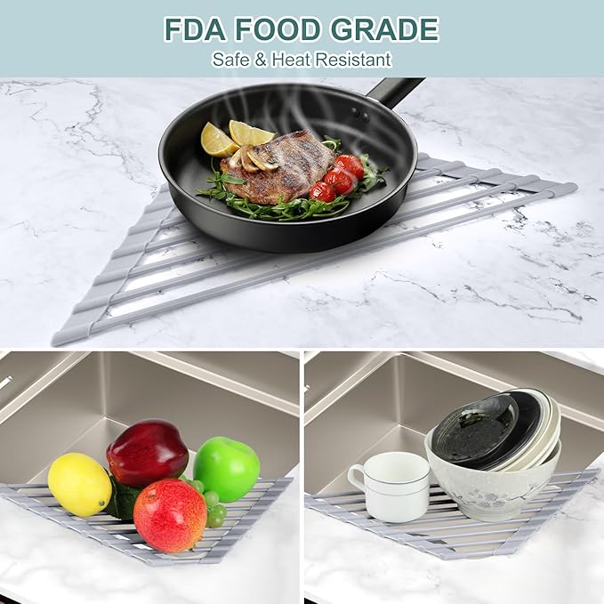 MERRYBOX Triangle Roll Up Dish Drying Rack Over The Sink, 2025 Anti-Rust Sink Drying Rack with Full Silicone Wrapped for Top of Corner, Anti-Slip Organizer for Kitchen - Image 7