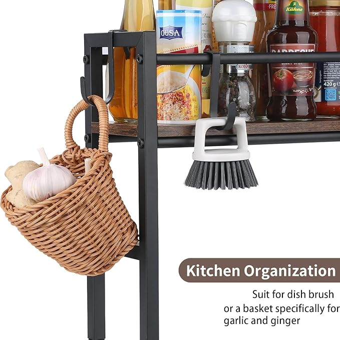 Meangood Spice Rack Shelf for Kitchen Stove, Over the Stove Shelf with 4 Hooks Extra Storage Countertop, Rustic Wood & Solid Metal Commbined Stove Shelf for Storage Seasoning, Easy to Assemble - Image 6