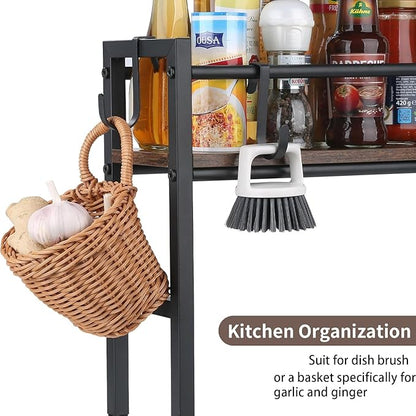 Meangood Spice Rack Shelf for Kitchen Stove, Over the Stove Shelf with 4 Hooks Extra Storage Countertop, Rustic Wood & Solid Metal Commbined Stove Shelf for Storage Seasoning, Easy to Assemble - Image 6