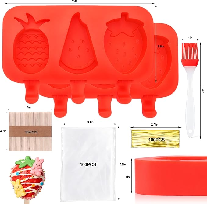 Juome Cake Pop Mold Kit, 6 Cavities Fruit Shape Cakesicle Molds Silicone with 100 Wooden Sticks&100 Packaging Bags with Ties, Cake Pop Maker Supplies Accessories, Baking Tools for Home Baking Desserts - Image 2