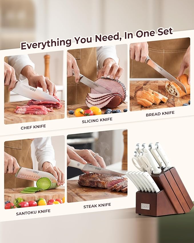 OOU 2026 Master Line 15-Piece German High Carbon Steel Knife Set - Professional Sharp Chef Knife with FSC Wooden Block - Ergonomic Handle Kitchen Knife Set with Steak Knives & Sharpener-Walnut