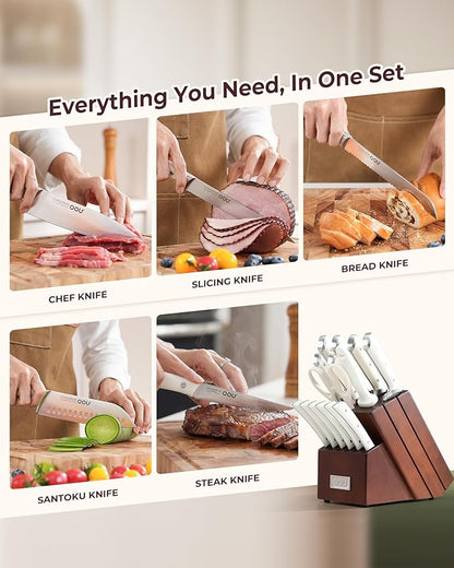 OOU 2026 Master Line 15-Piece German High Carbon Steel Knife Set - Professional Sharp Chef Knife with FSC Wooden Block - Ergonomic Handle Kitchen Knife Set with Steak Knives & Sharpener-Walnut