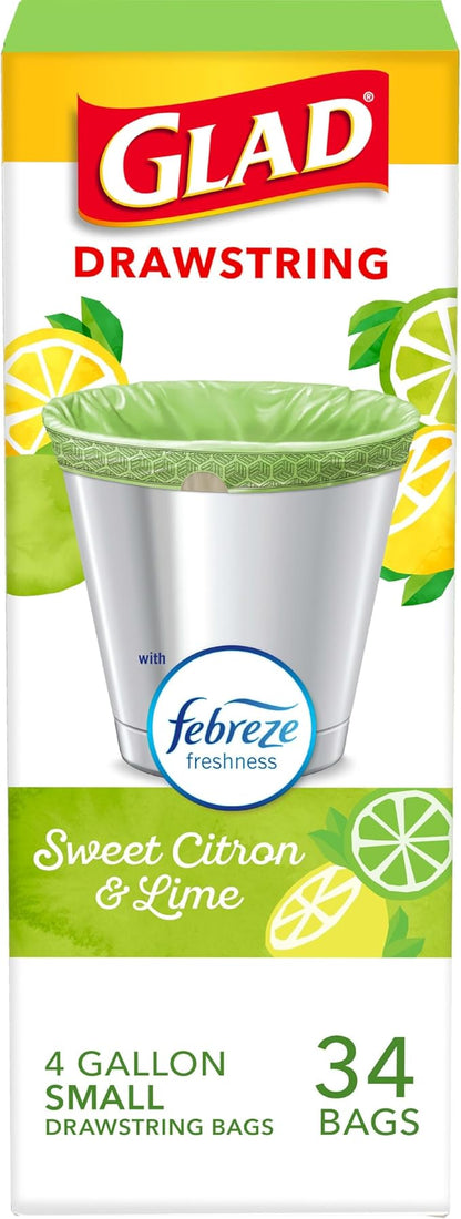 Glad Small Kitchen Drawstring Trash Bags, 4 Gallon, Febreze Sweet Citron & Lime, 34 Count
