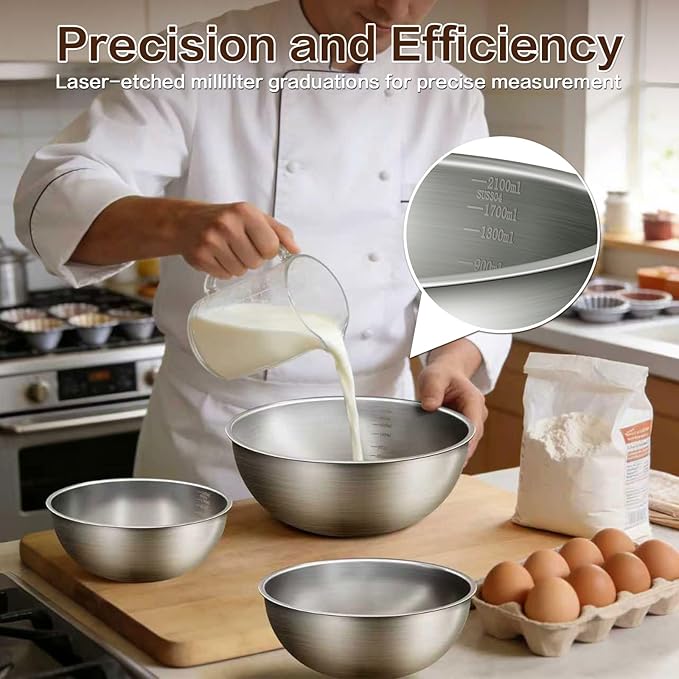 Gronivex Stainless Steel Mixing Bowls Set of 3 (1.5, 2.2, 3.4 Qt) - Food Grade 304, Nesting Design, Dishwasher Safe for Baking, Salad Prep & Cooking - Image 6