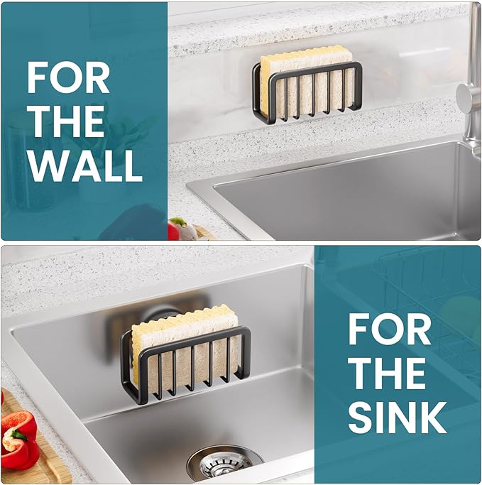 TAILI Sponge Holder for Kitchen Sink with Strong Suction Cup, Removable Sponge Holder, Rustproof Aluminum Sink Caddy for Sponges, Dish Brush - Black - Image 6
