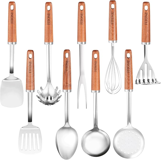 9PCS 18/8 Stainless Steel Kitchen Utensils Set, Heavy Duty Wooden Handle Cooking Utensils, Metal Cookware Utensils with Spatula, Ladle, Skimmer, Spaghetti Spoon and Potato Masher, Easy to Clean