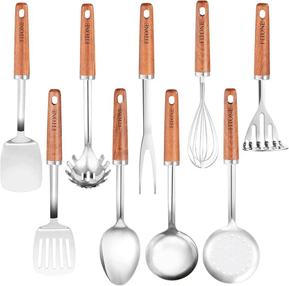 9PCS 18/8 Stainless Steel Kitchen Utensils Set, Heavy Duty Wooden Handle Cooking Utensils, Metal Cookware Utensils with Spatula, Ladle, Skimmer, Spaghetti Spoon and Potato Masher, Easy to Clean