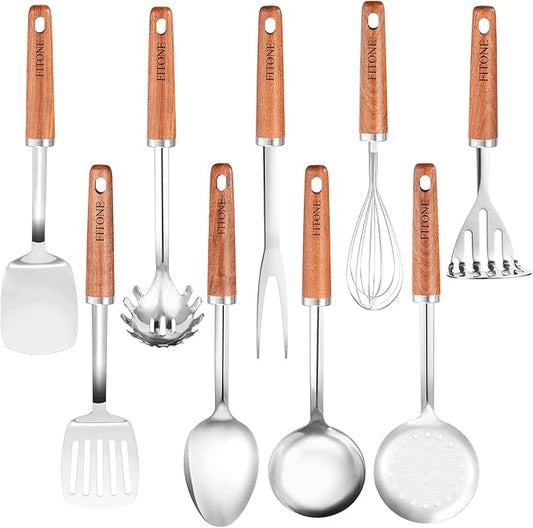 9PCS 18/8 Stainless Steel Kitchen Utensils Set, Heavy Duty Wooden Handle Cooking Utensils, Metal Cookware Utensils with Spatula, Ladle, Skimmer, Spaghetti Spoon and Potato Masher, Easy to Clean