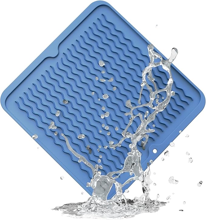 ZLR Silicone Dish Drying Mat 12" x 12" Square - Small Heat Resistant Trivet & Countertop Protector for Air Fryer, Coffee Maker - Waterproof Kitchen Drain Pad for Cups, Fruit (Lichen Blue) by ZLR
