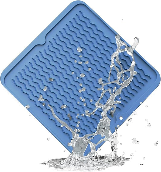 ZLR Silicone Dish Drying Mat 12" x 12" Square - Small Heat Resistant Trivet & Countertop Protector for Air Fryer, Coffee Maker - Waterproof Kitchen Drain Pad for Cups, Fruit (Lichen Blue) by ZLR