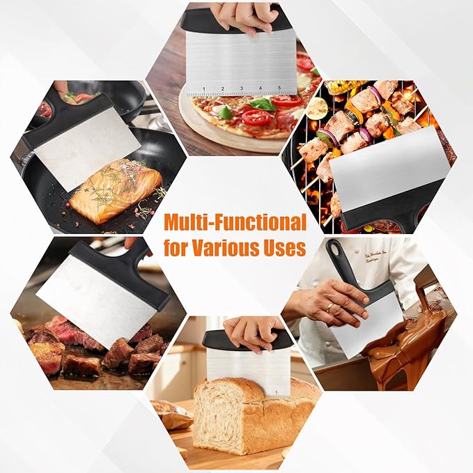 Grill Scraper&Bench Scraper Set，Food Scraper with Handle for Blackstone, Flat Top Grill Cleaning，Premium Stainless Steel Dough Cutter with Measuring Scale for Pastry,Cake,Pizza,Bread,Cooking - Image 6