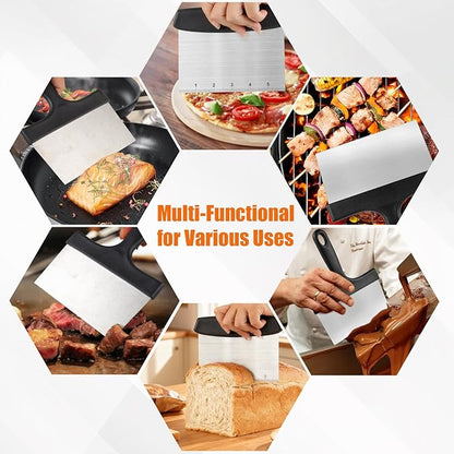 Grill Scraper&Bench Scraper Set，Food Scraper with Handle for Blackstone, Flat Top Grill Cleaning，Premium Stainless Steel Dough Cutter with Measuring Scale for Pastry,Cake,Pizza,Bread,Cooking - Image 6