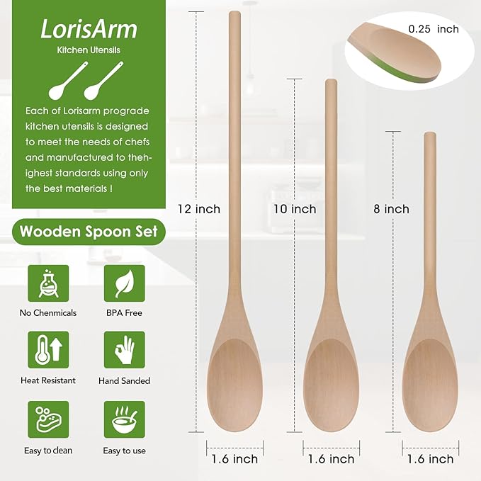 LorisArm 3PC Wooden Spoon for Cooking, Long handle 12" 10" 8" Wood Serving Spoons Set for Mixing Stirring Tasting, Maple Wood Nonstick Kitchen Utensils. - Image 2
