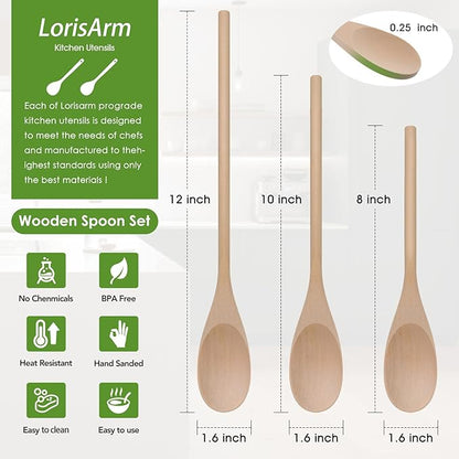 LorisArm 3PC Wooden Spoon for Cooking, Long handle 12" 10" 8" Wood Serving Spoons Set for Mixing Stirring Tasting, Maple Wood Nonstick Kitchen Utensils. - Image 2