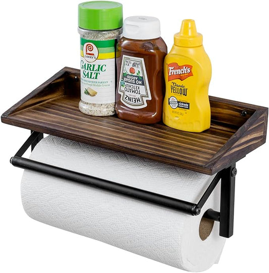 MyGift Paper Towel Holder for Kitchen, Shabby Whitewashed Wood Farmhouse Wall Mounted Kitchen Napkin Dispenser Rack with Top Storage Shelf Spice Racks (Matte Black Metal Paper)