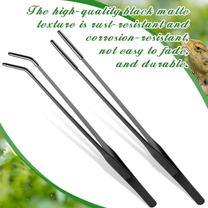 Lasnten 2 Pcs Extra Long Stainless Steel Reptile Feeding Tongs with Rubber Tip 15 Inch Bearded Dragon Aquarium Straight and Curved Long Tweezer Terrarium Feeder Tool for Tank(Black)