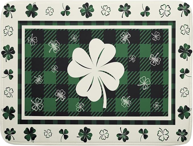 Giwawa Patrick Clovers Dish Drying Mat 18"x24" Lucky Shamrock Spring Leaf Dish Drainer Mats Green Black Buffalo Plaids Absorbent Microfiber Dish Drying Pad for Kitchen Countertop Large Decor