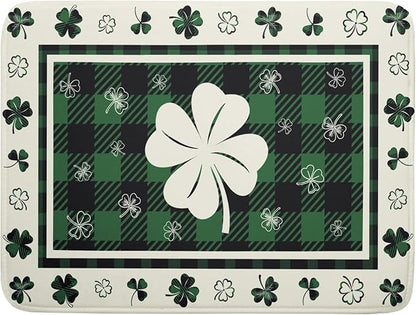 Giwawa Patrick Clovers Dish Drying Mat 18"x24" Lucky Shamrock Spring Leaf Dish Drainer Mats Green Black Buffalo Plaids Absorbent Microfiber Dish Drying Pad for Kitchen Countertop Large Decor