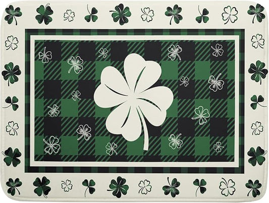 Giwawa Patrick Clovers Dish Drying Mat 18"x24" Lucky Shamrock Spring Leaf Dish Drainer Mats Green Black Buffalo Plaids Absorbent Microfiber Dish Drying Pad for Kitchen Countertop Large Decor