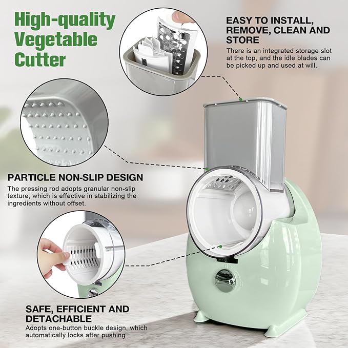 Electric Cheese Grater for Block Cheese - 3 in 1 Rotary Cheese Grater Electric Rotary Grater Salad Shooter Electric Slicer for Cheeses, Fruits, Vegetables and Nuts (Green, L)