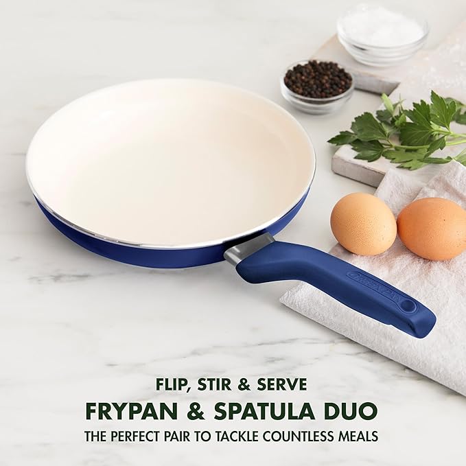 GreenPan Rio Healthy Ceramic Nonstick 8" Frying Pan Skillet and Silicone Spatula Set, Soft Grip Handle, Breaktfast Meal Set, PFAS-Free, Dishwasher Safe, Oven Safe, Oxford Blue - Image 3
