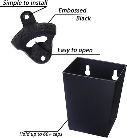 Satin Black Cast Iron Bottle Opener Wall Mounted with Bottle Cap Catcher Narrow - Image 2