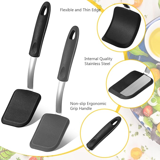 Silicone Cookie Spatula Turner 2 Pack Mini Brownie Spatula Flexible Kitchen Small Silicone Turner for Nonstick Cookware Heat Resistant No Scratch Flipper for Egg Pancake(Black, Grey) - Image 3