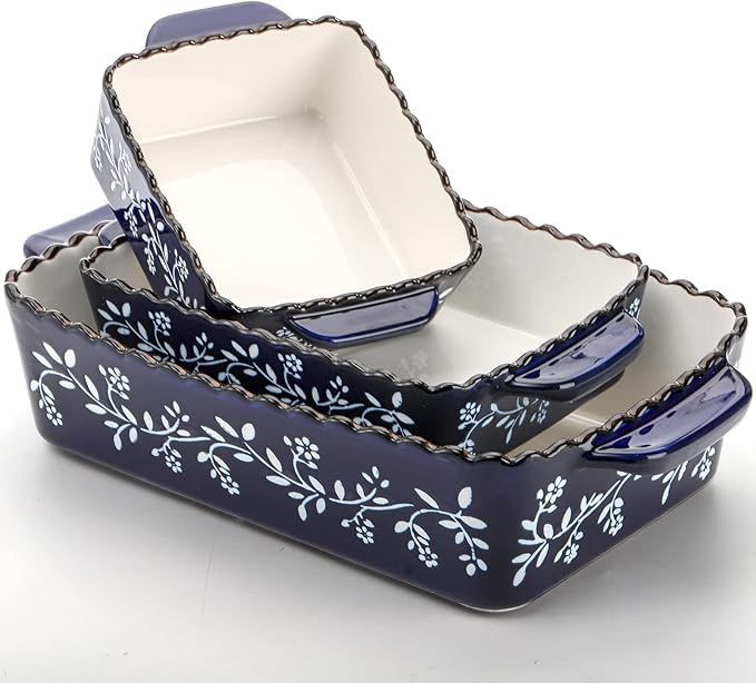 AVLA 3 Pack Ceramic Bakeware Set Porcelain Rectangular Baking Dish Lasagna Pans for Cooking Kitchen Casserole Dishes Cake Dinner 12 x 8.5 x 6 Inches of Baking Pans Banquet and Daily Use Cobalt Blue - Image 6