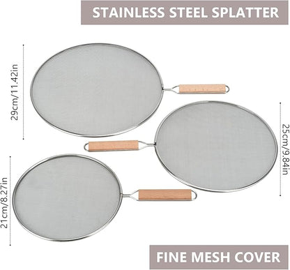 3 Pieces Grease Splatter Screen for Frying Pan, 21/25.5/29cm, with Wooden Handle - Image 3