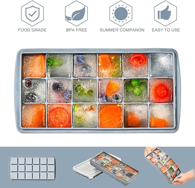 Silicone Ice Cube Tray， Sauton Pack of 2 Ice Cube Mold, 18 Grid Easy Release Flexible Ice Cube Tray with Removable Lid Reusable & BPA Free