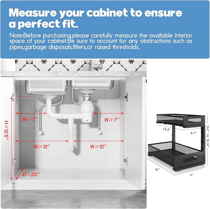 2 Pack 19IN Depth Under Sink Storage Organizer, Large 2-Tier Elegant Mesh Pull Out Shelf for Kitchen and Bathroom Cabinet Organization, L-Shaped and Adjustable Height Design-Black - Image 2