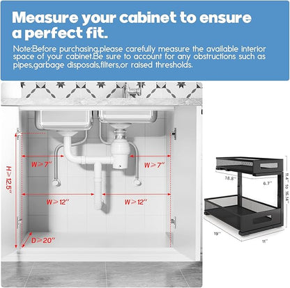 2 Pack 19IN Depth Under Sink Storage Organizer, Large 2-Tier Elegant Mesh Pull Out Shelf for Kitchen and Bathroom Cabinet Organization, L-Shaped and Adjustable Height Design-Black - Image 2