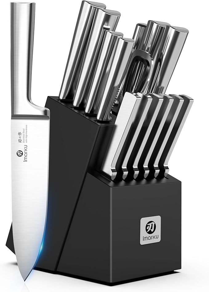 imarku Knife Set - 15PCS Kitchen Knife Set Japanese High Carbon Stainless Steel Knives Set for Kitchen, Dishwasher Safe Ultra Sharp Professional Chef Well Balance Knife Block Set, Black