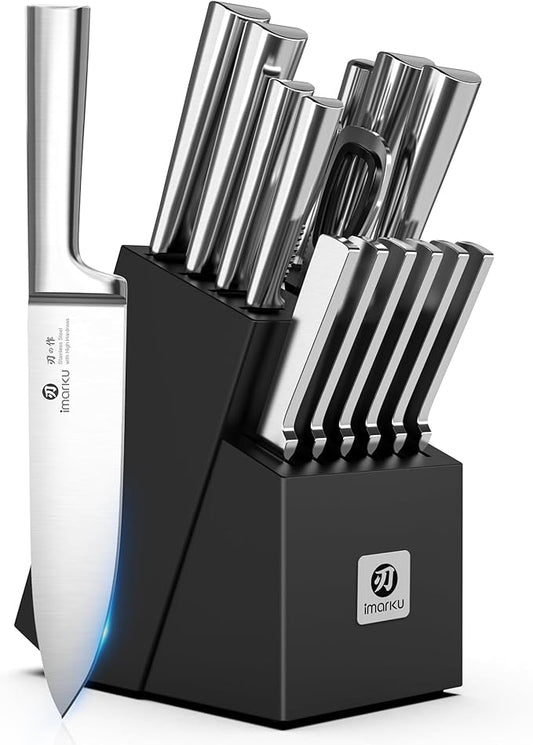 imarku Knife Set - 15PCS Kitchen Knife Set Japanese High Carbon Stainless Steel Knives Set for Kitchen, Dishwasher Safe Ultra Sharp Professional Chef Well Balance Knife Block Set, Black