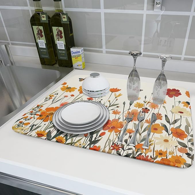 Fall Orange Wildflower Dish Drying Mat for Kitchen Counter,Autumn Floral Butterflies Drying Mat 18 x 24 Inch with Absorbent Reversible Microfiber Dish Drying Pad Dish Pad for Coffee Bar - Image 6