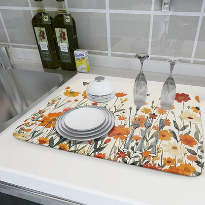Fall Orange Wildflower Dish Drying Mat for Kitchen Counter,Autumn Floral Butterflies Drying Mat 18 x 24 Inch with Absorbent Reversible Microfiber Dish Drying Pad Dish Pad for Coffee Bar - Image 6