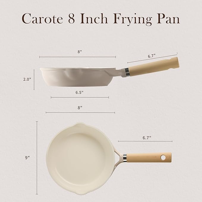 CAROTE 8" Ceramic Frying Pan Skillet, Non Stick Frying Pan Chef's Pan, Healthy & PFOA/PFAS Free, Induction-Compatible, Taupe - Image 2
