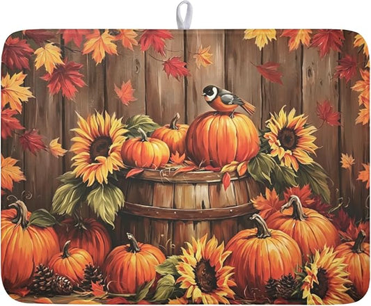 Fall Pumpkin Dish Drying Mat for Kitchen Counter Thanksgiving Autumn Harvest Pumpkin Microfiber Dish Drainer Mat Rustic Farmhouse Absorbent Washable Drying Pad 18"x24"