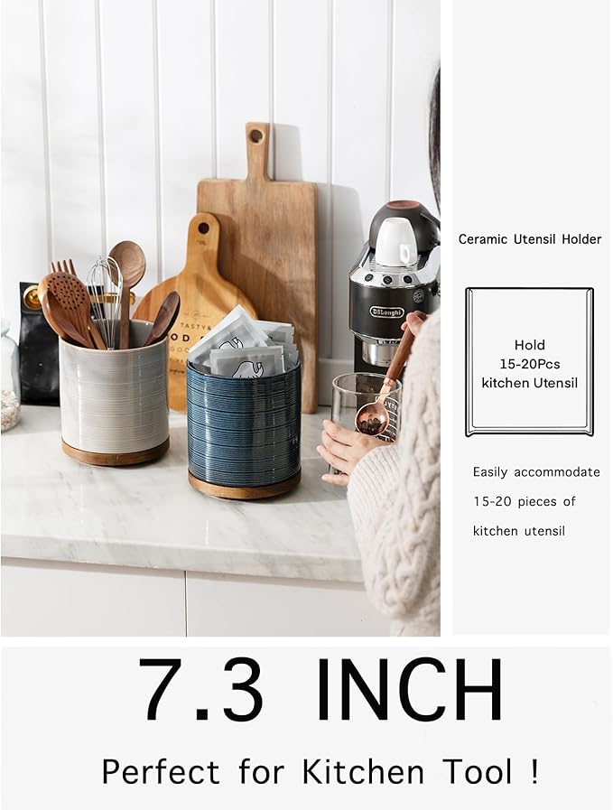 Utensil Holder, 360° Rotating Extra Large Ceramic Kitchen Utensil Holder for Countertop, 7.3“ Cooking Utensil Crocks for Kitchen Counter with Rotatable Wooden Base, Farmhouse Decor, Grey - Image 4