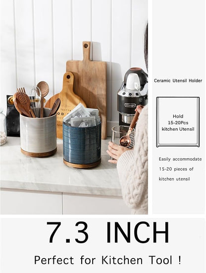 Utensil Holder, 360° Rotating Extra Large Ceramic Kitchen Utensil Holder for Countertop, 7.3“ Cooking Utensil Crocks for Kitchen Counter with Rotatable Wooden Base, Farmhouse Decor, Grey - Image 4