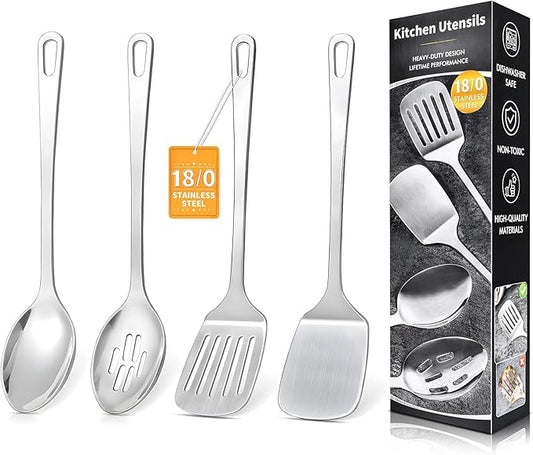 4 Pcs Cooking Utensils Set, Stainless Steel Kitchen Utensils, Heat Resistant Metal Kitchen Tools Include Solid & Slotted Turner Wok Spatula, Serving Spoon, Ergonomic Handle, Easy to Clean, Silver by Unknown