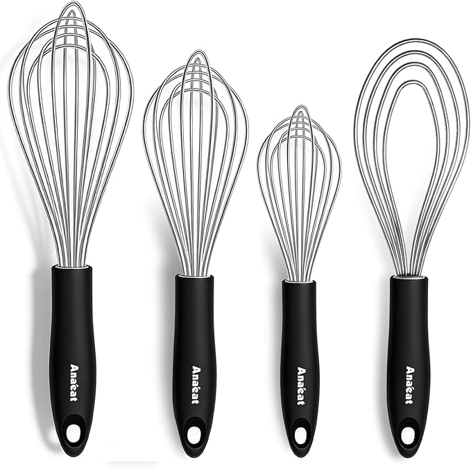 Anaeat Stainless Steel Kitchen Whisk Set of 4, Milk and Egg Beater Blender with Thick Wire for Whisking, Cooking, Baking, Beating and Stirring - 11'' Flat Whisk and 9''+11''+12'' Balloon Whisks by Anaeat