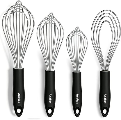 Anaeat Stainless Steel Kitchen Whisk Set of 4, Milk and Egg Beater Blender with Thick Wire for Whisking, Cooking, Baking, Beating and Stirring - 11'' Flat Whisk and 9''+11''+12'' Balloon Whisks by Anaeat