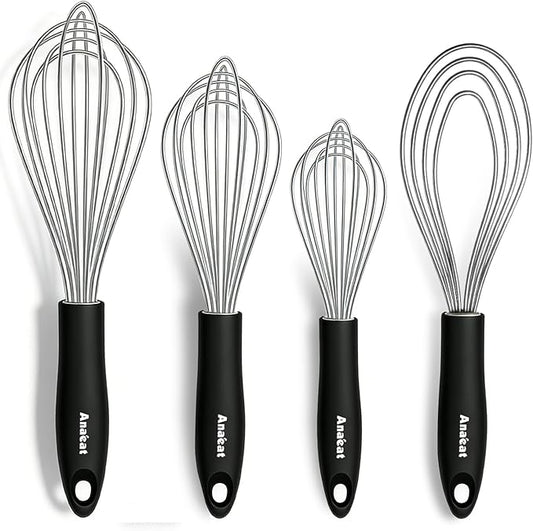 Anaeat Stainless Steel Kitchen Whisk Set of 4, Milk and Egg Beater Blender with Thick Wire for Whisking, Cooking, Baking, Beating and Stirring - 11'' Flat Whisk and 9''+11''+12'' Balloon Whisks by Anaeat