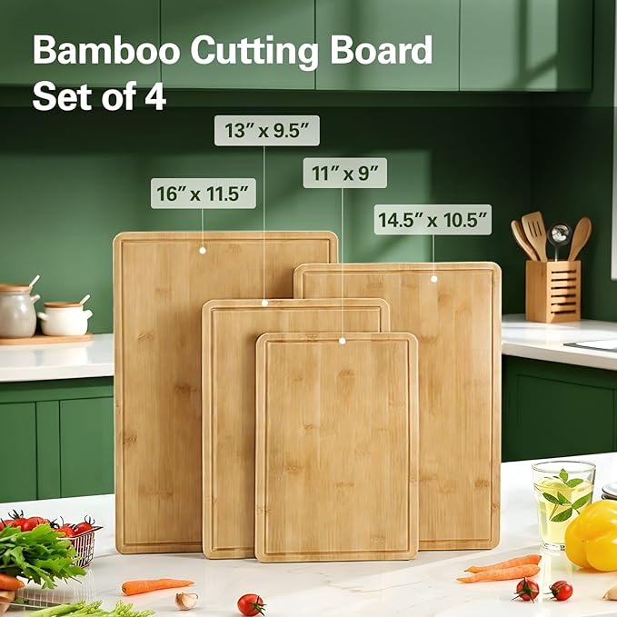 Zarler Bamboo Cutting Boards for Kitchen, 4 Piece Durable Wood Cutting Board with Juice Grooves and Handles, Wooden Chopping Board Set for Meal Prep, XL Size, Ideal Kitchen Gift - Image 6