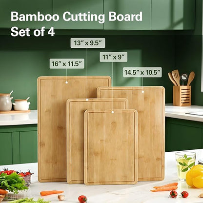 Zarler Bamboo Cutting Boards for Kitchen, 4 Piece Durable Wood Cutting Board with Juice Grooves and Handles, Wooden Chopping Board Set for Meal Prep, XL Size, Ideal Kitchen Gift - Image 6