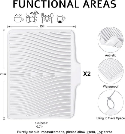 TIKNIK Silicone Dish Drying Mat, Stone Drying Mat for Kitchen Counter with Built-In Drain, Non-Slip Drain Pad with Built-in Drain, Heat Resistant Stone Drying Mat, Hangable, White-2pcs, 20" x 15" - Image 2