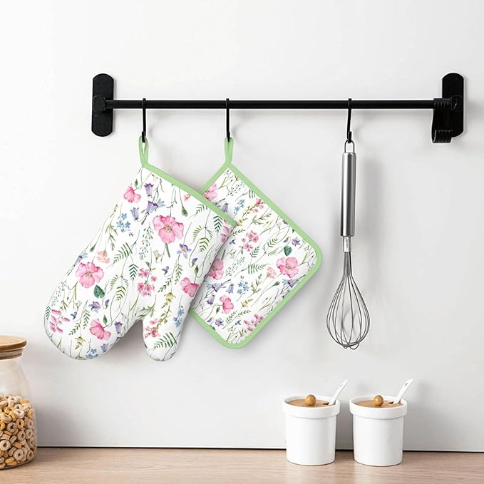 Pink Floral Silicone Oven Mitts Pan Mats Set of 2, Heat Resistant Gloves Potholder with Non-Slip Grips Hanging Loops Pot Holder, Spring Summer for Chef Cooking, Baking, Grilling, BBQ