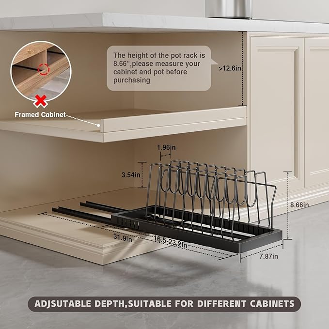 Magheo Pots and Pans Organizer Under Cabinet, 22" Deep Expandable Pull Out Pot Lid Organizer and Storage with 10 Adjustable Dividers No Drill Pot and Pan Holder Rack with Handle Bracket(1 Pack,Black) - Image 6